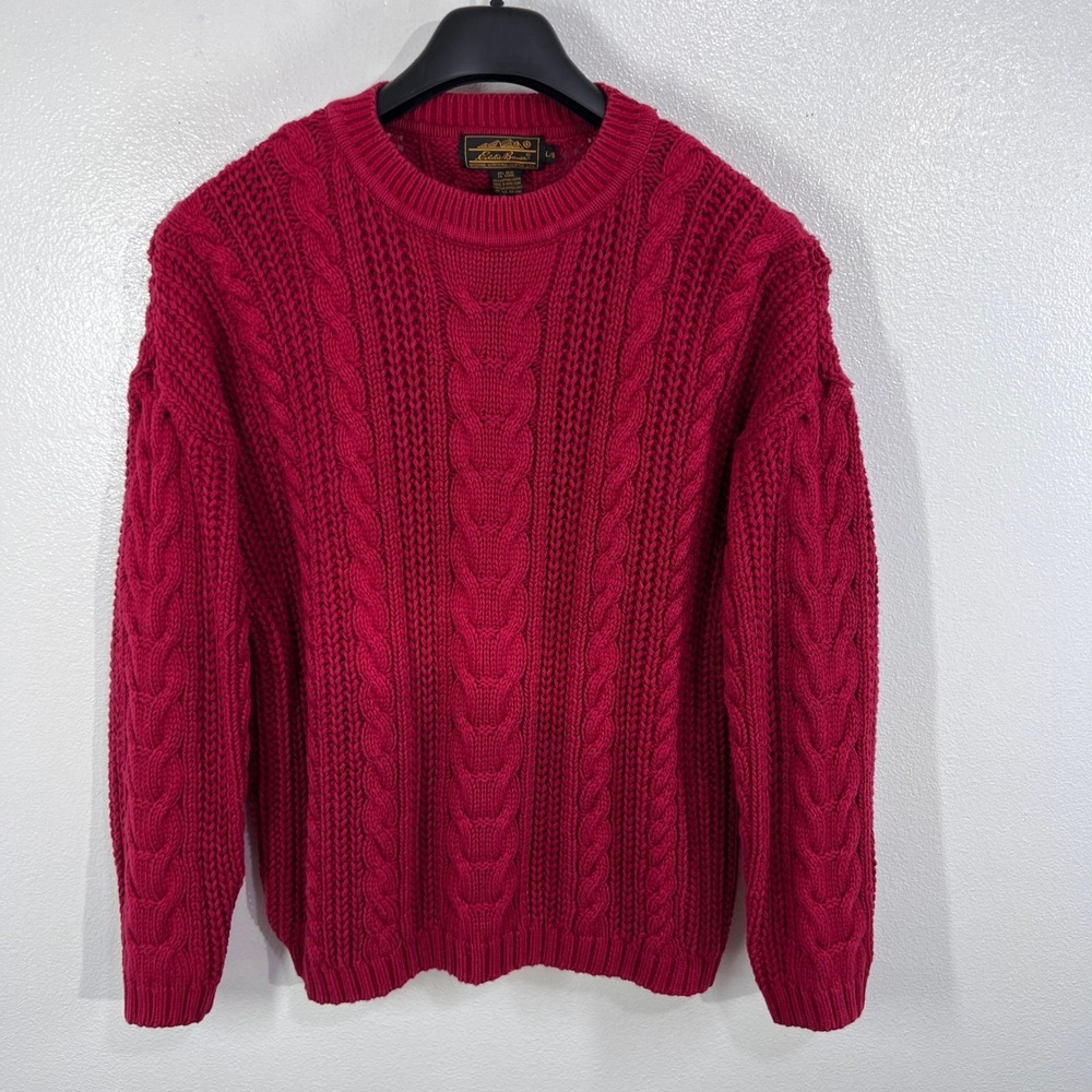 Eddie Bauer Red‎ Cable Knit Sweater Mens L Vintage Hong Kong 100% Cotton Chunky - Picture 2 of 7